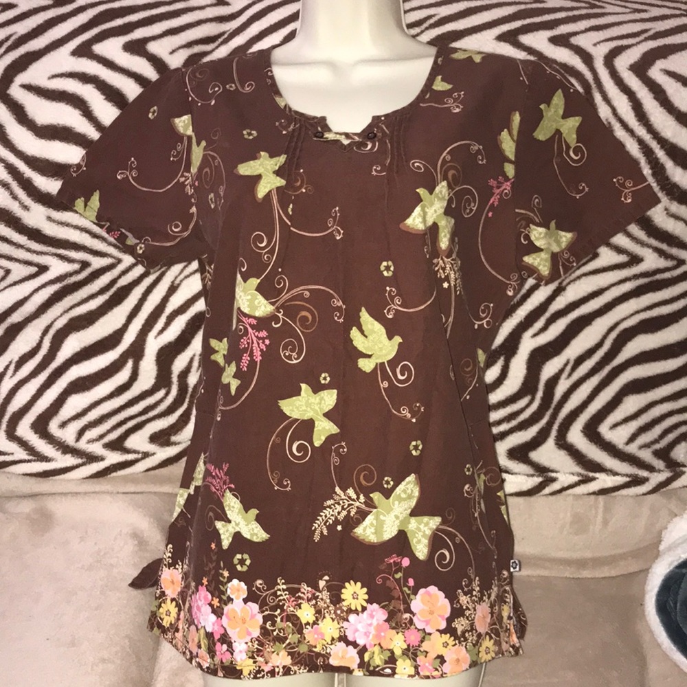 Cherokee studio size small brown green and pink scrub top